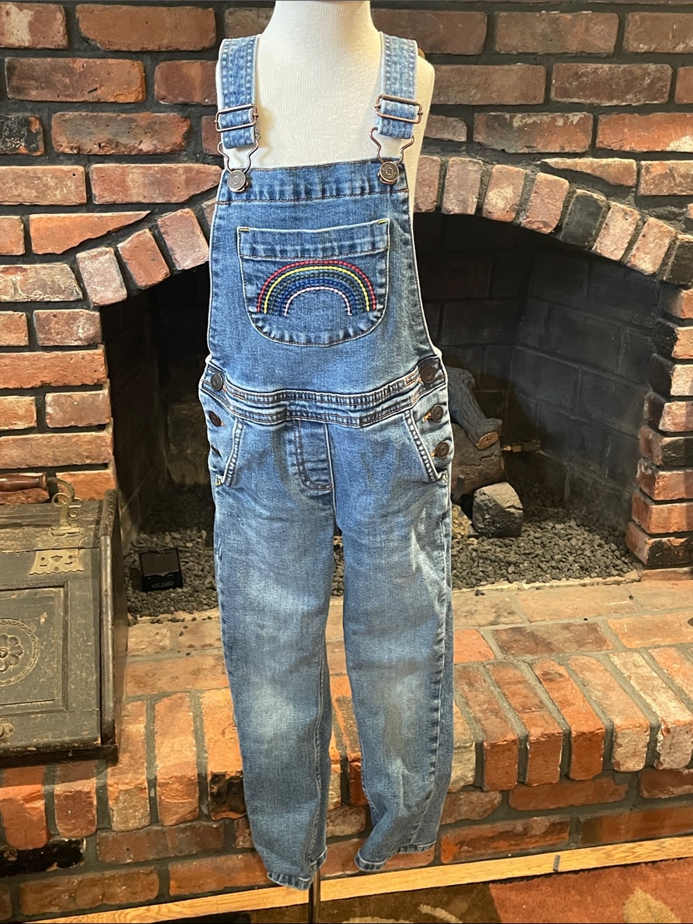 Mini Boden Blue Denim Overalls with Rainbow Stitching size 5-6